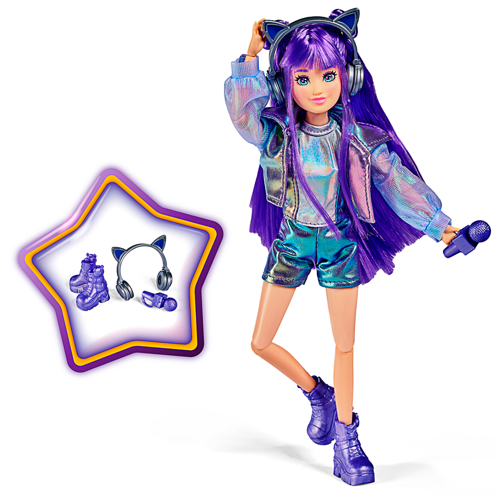 Puppe, lila Haare, Kopfhörer, Mikrofon, Metallic-Kleidung