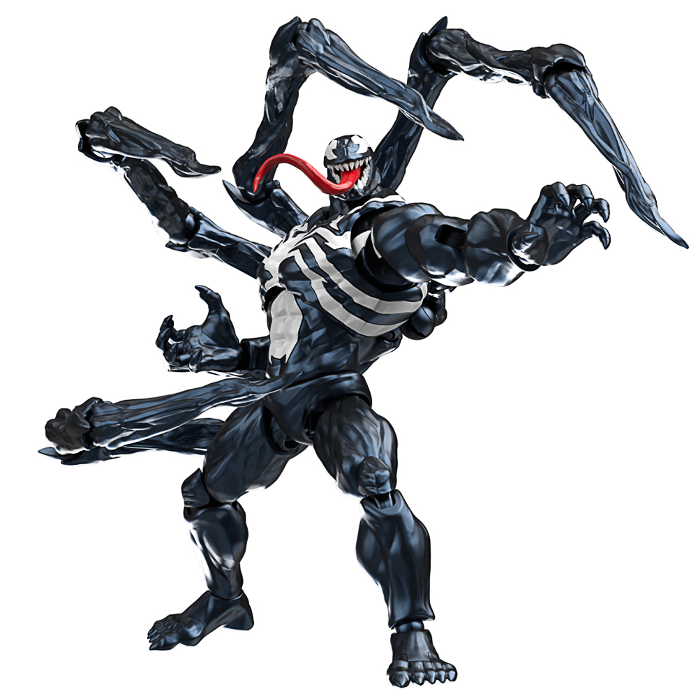Venom-Figur, schwarze Anzug, Skelett-Muster, rote Zunge, mehrarmiges Wesen