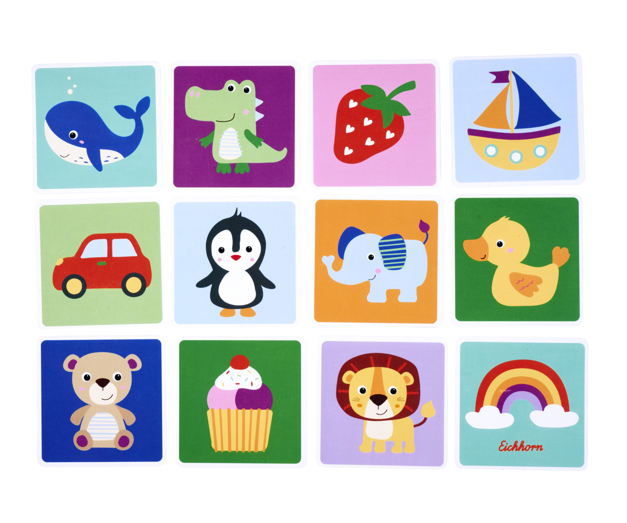 kinderspielkarten, tiere, auto, boot, cupcake