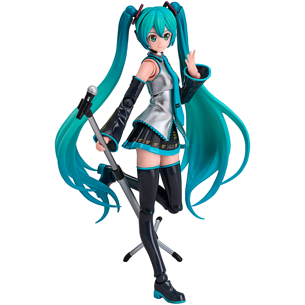 Anime-Figur, türkise Zöpfe, Mikrofon, schwarzes Outfit, Sammlerfigur