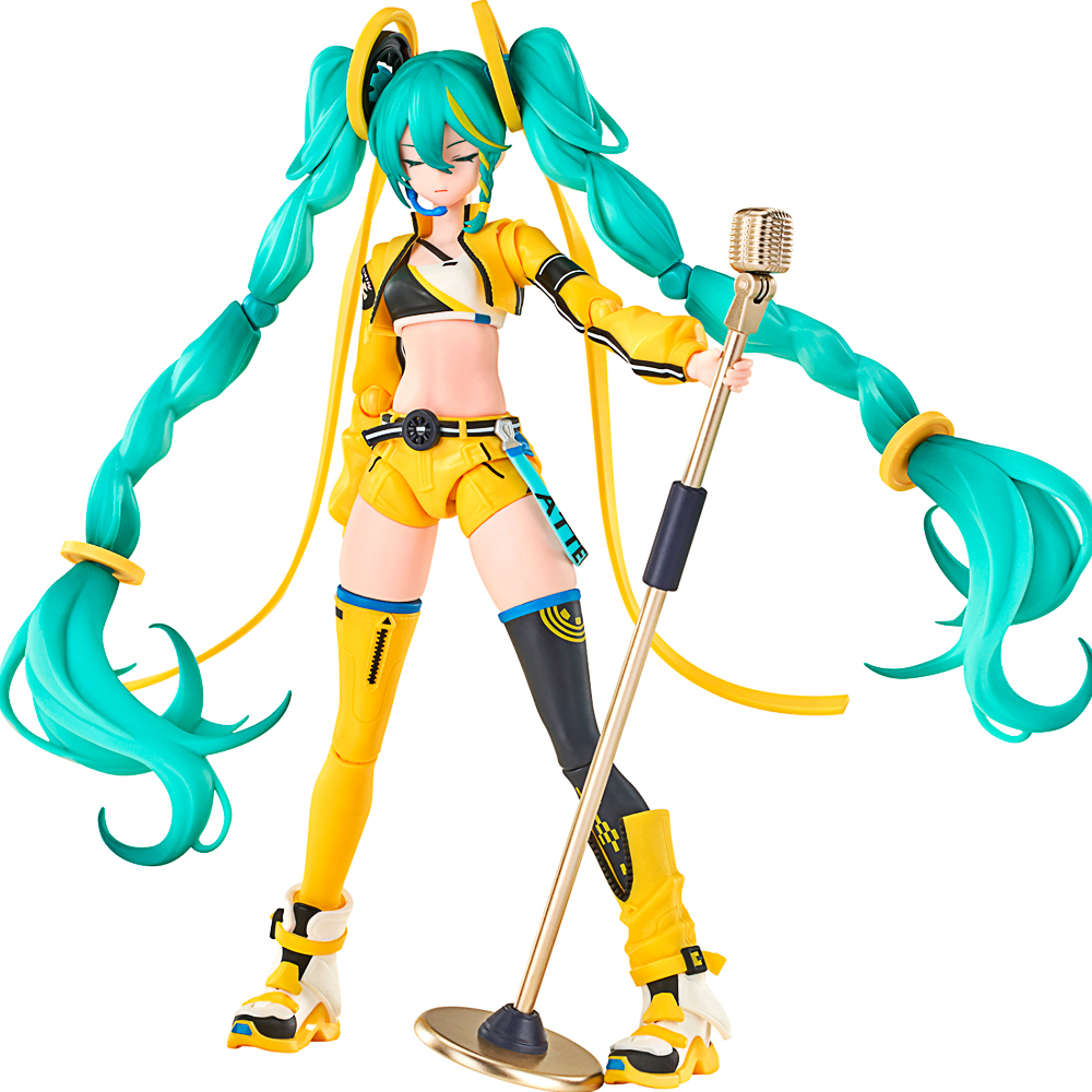 Anime-Figur, Mikrofonständer, türkise Zöpfe, gelbes Outfit, bewegliche Figur