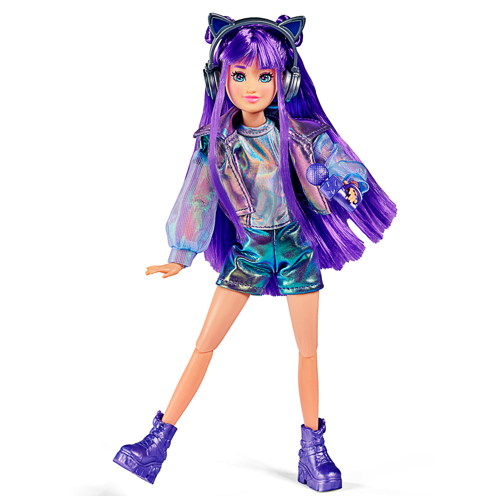 Puppe, violette Haare, Kopfhörer, Katzenohren, Mikrofon