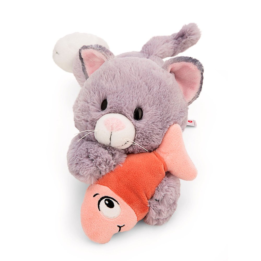 Nici, Kuscheltier liegende Katze, grau & Fisch, ca 30 cm