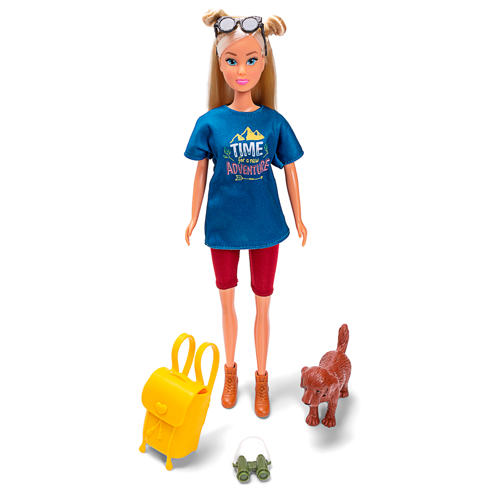 Figurine, Barbie doll, Outdoor outfit, Backpack, Dog accessory