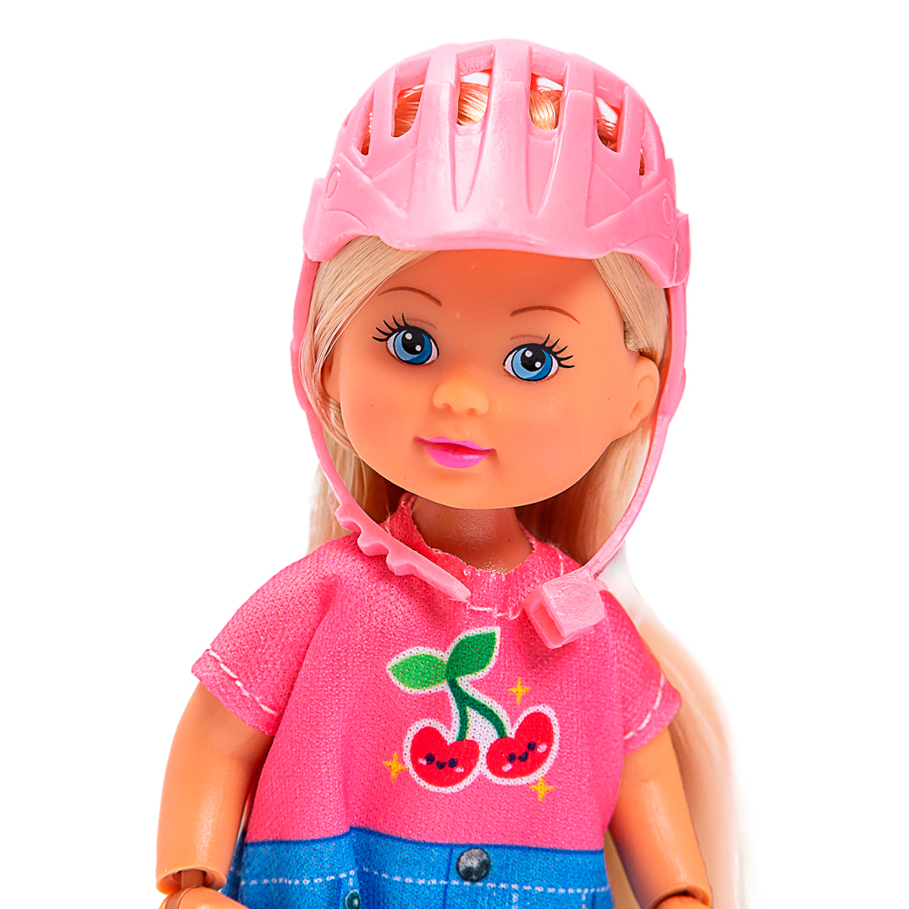 Mädchenpuppe, Helm, Pink, Kirschen-Shirt, Jeans-Top