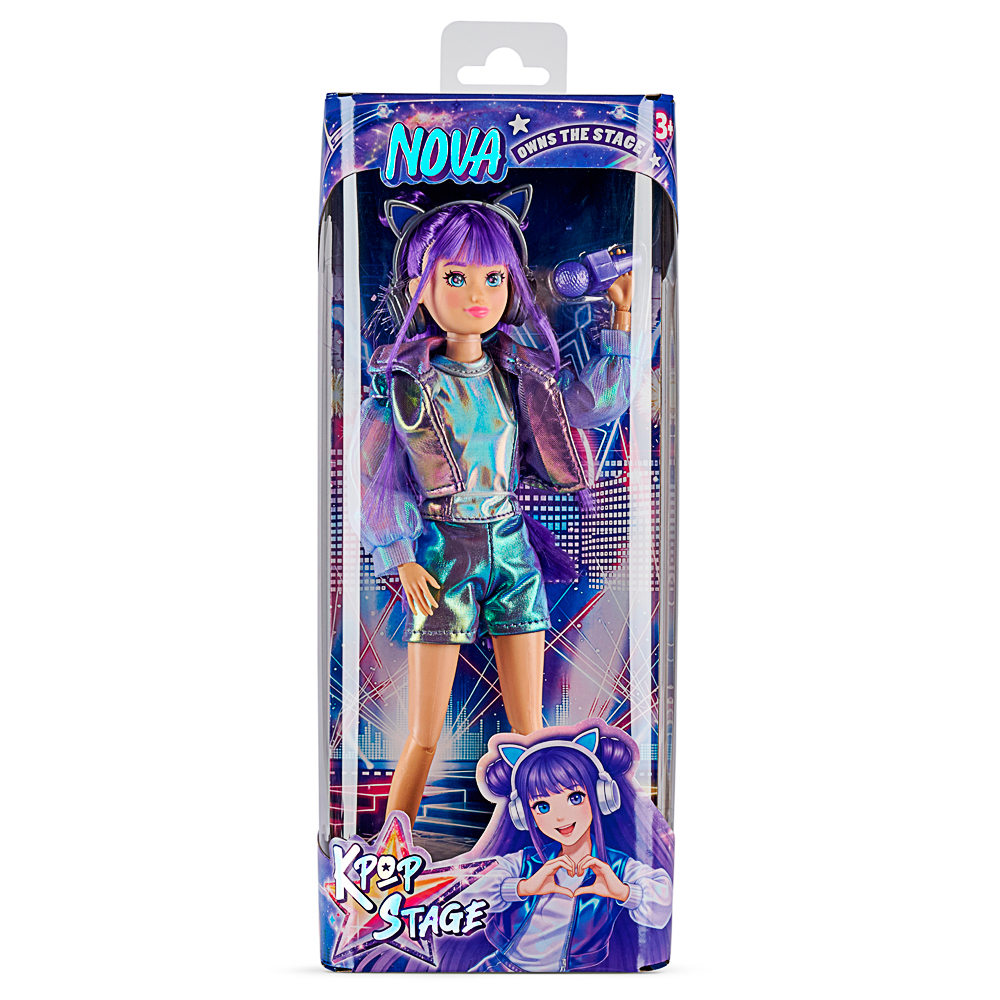 Puppe, lila Haare, Mikrofon, Metallic-Outfit, K-Pop