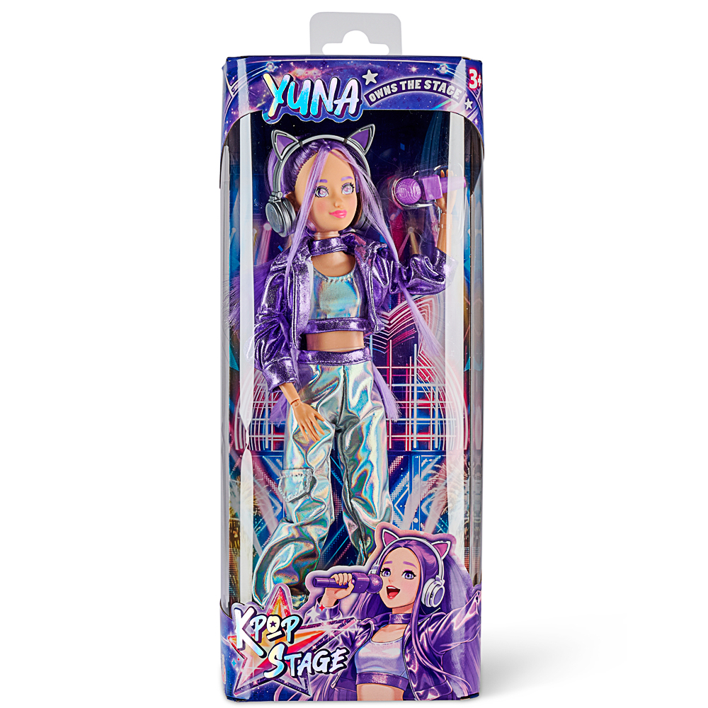 Modepuppe, K-Pop-Puppe, lila Jacke, Metallic-Hose, Kopfhörer