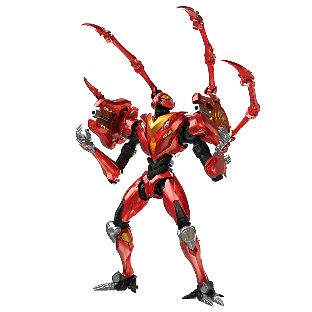 Roboterfigur, Spielzeugfigur, rot-schwarzer Roboter, bewegliche Gliedmaßen, Greifarme