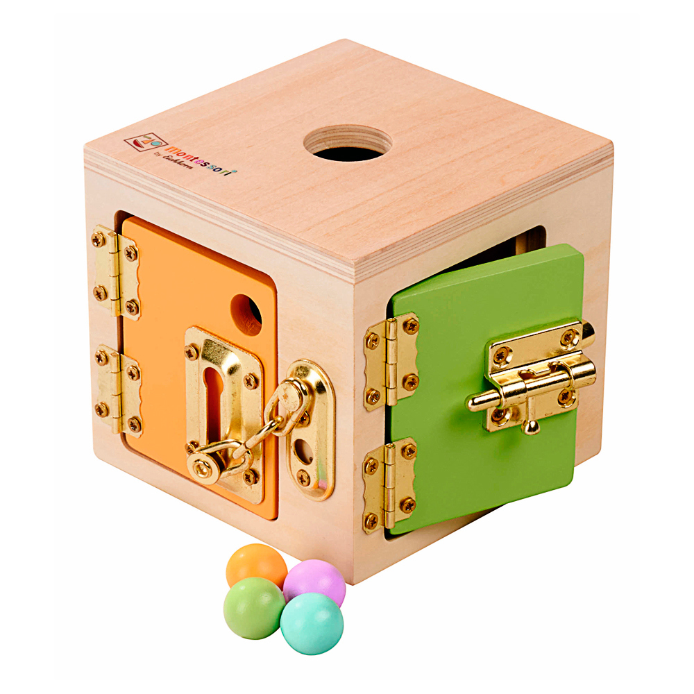 Holzwürfel, Puzzlewürfel, bunte Türen, Kugelstoß, Hohler Loch