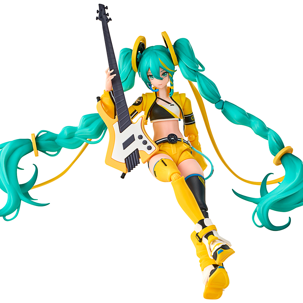 Anime-Figur, E-Gitarre, türkise Zöpfe, gelbes Outfit, bewegliche Figur