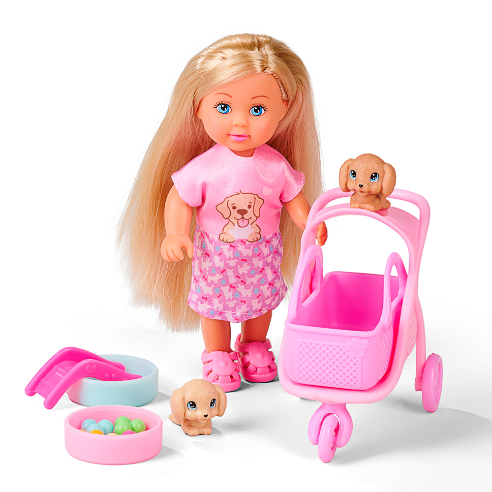 Puppe, Kinderpuppe, Spielzeugpuppe, Hundemotiv, Spielzeugwagen