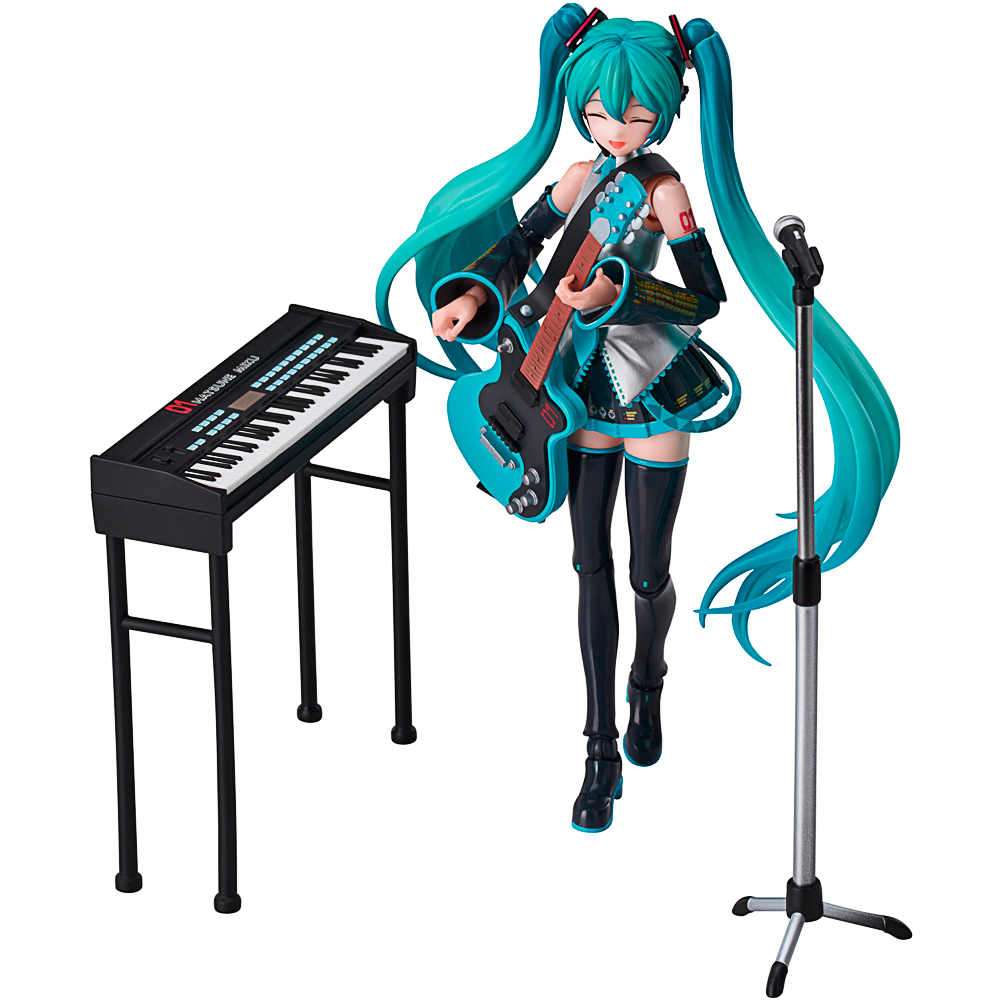 Anime-Figur, türkises Haar, E-Gitarre, Keyboard, Mikrofonständer