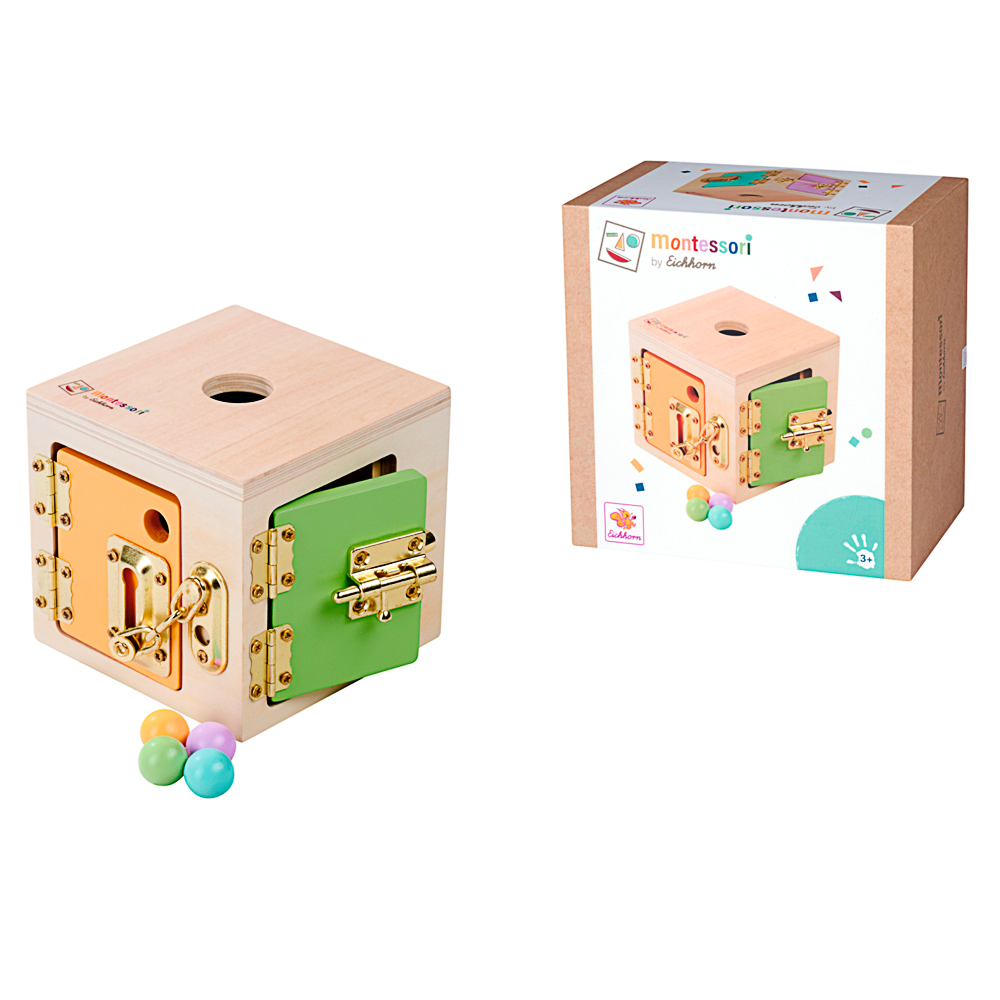 holzbox, montessori, holzspielzeug, verschluss, kugeln