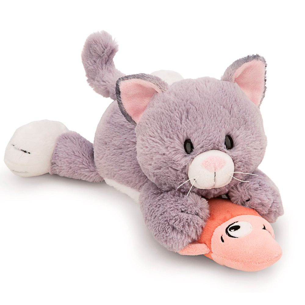 Nici, Kuscheltier liegende Katze, grau & Fisch, ca 30 cm